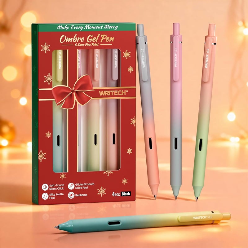 WRITECH Fine Point Gel Pens: 0.5mm 4ct Retractable Click Pen Black Ink Gradient Aesthetic Color Pen Barrel Smooth Writing Journaling No Bleed Christmas Gift for Nurse Student Office - Image 1